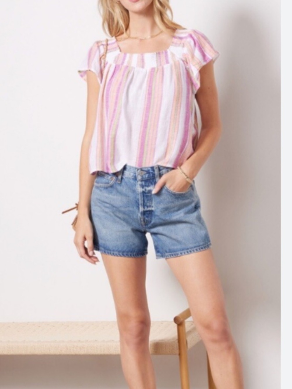 Rails Pink and Cream Striped Ruffle Square-Neck Top